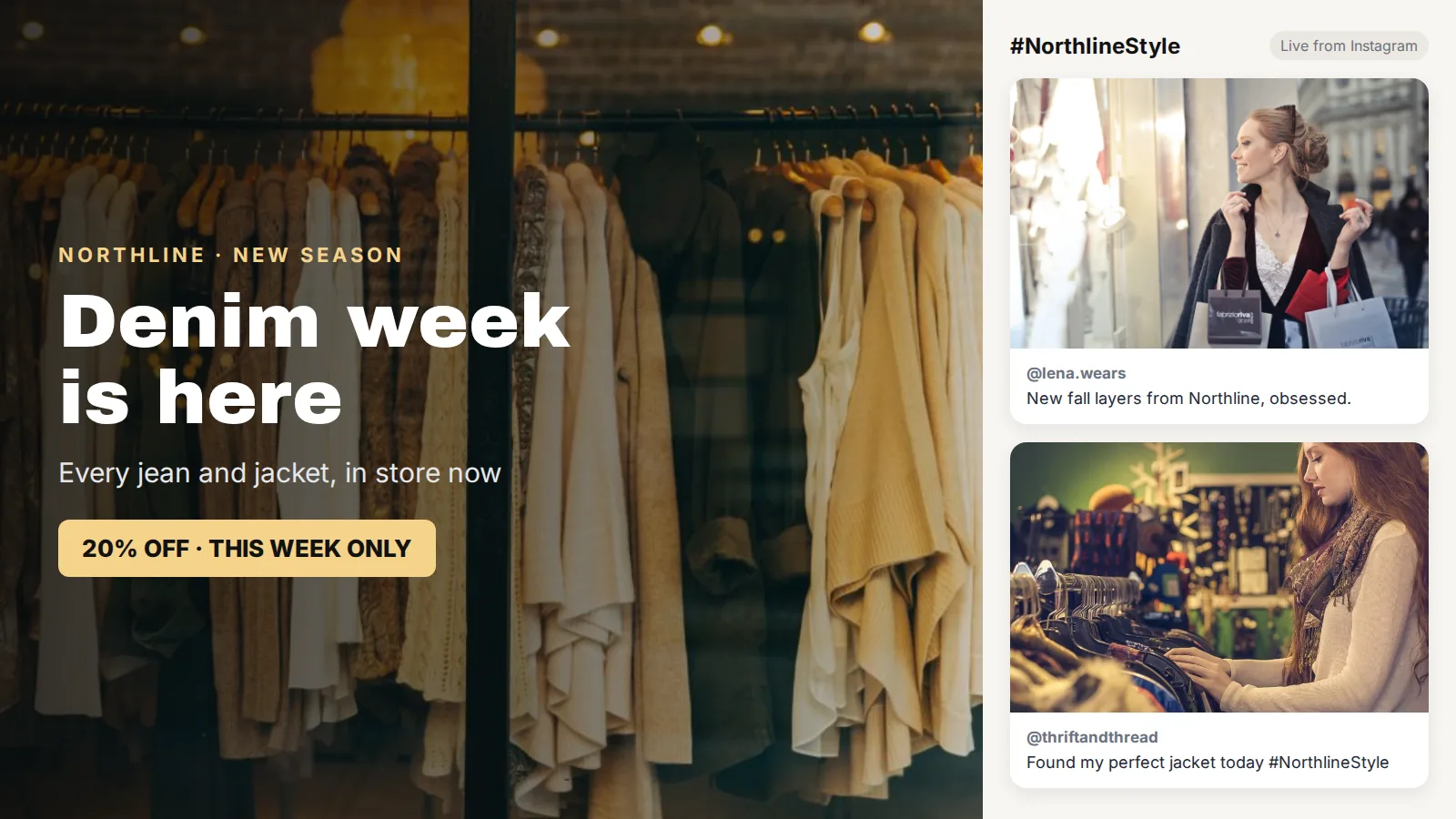 Split-screen digital sign with a store promotion and a live Instagram feed zone