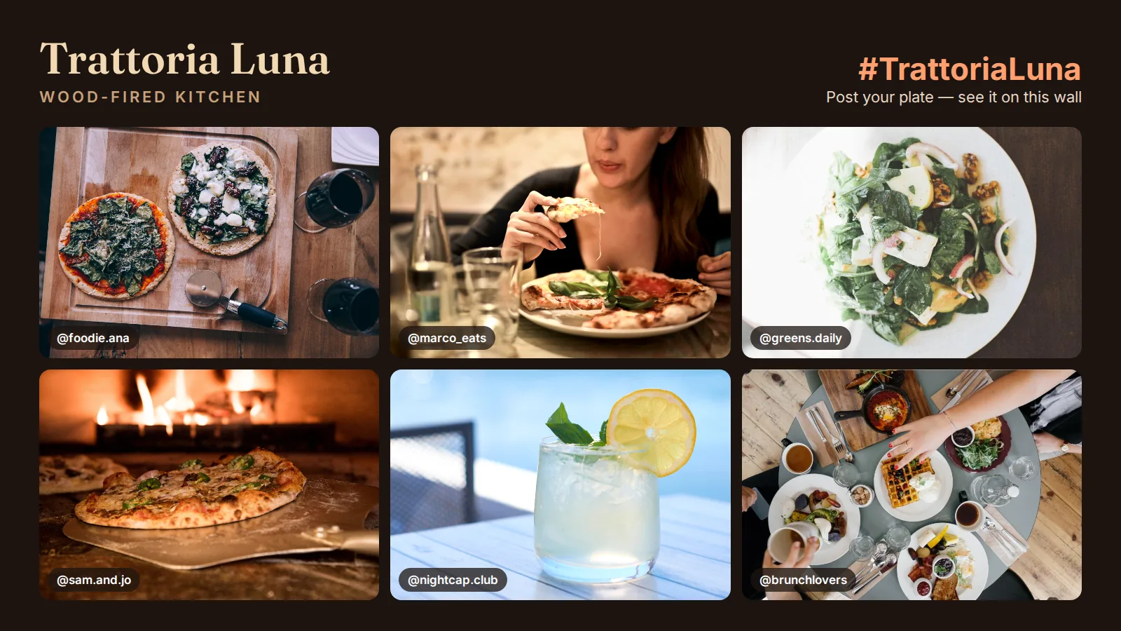 Grid social media wall with six guest photos and a campaign hashtag