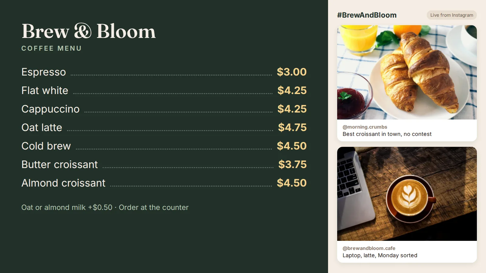Split-screen menu board with a live Instagram feed in a side zone