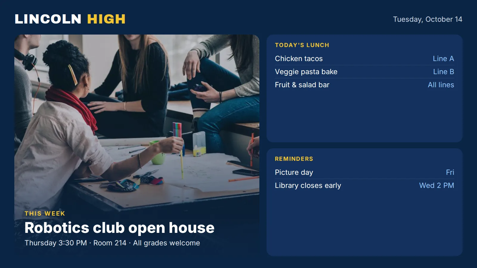 School hallway digital notice board showing events, the lunch menu and club news