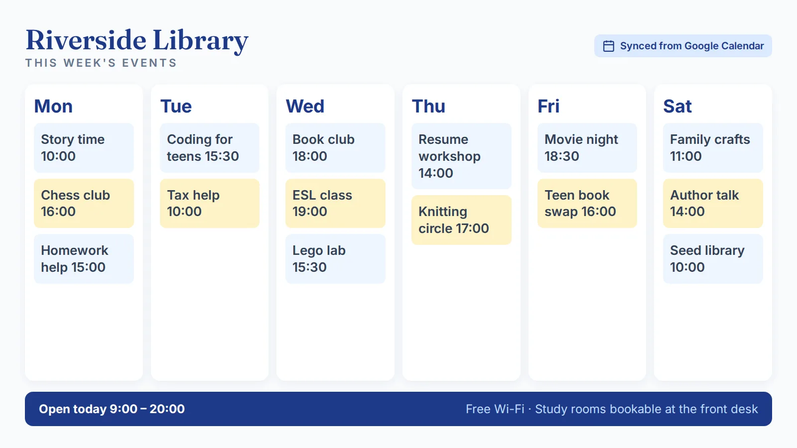 Weekly events calendar on a library digital bulletin board