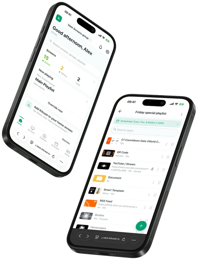 Kitcast digital signage dashboard on iPhone: live screen status on Home and a playlist editor, open in the mobile browser