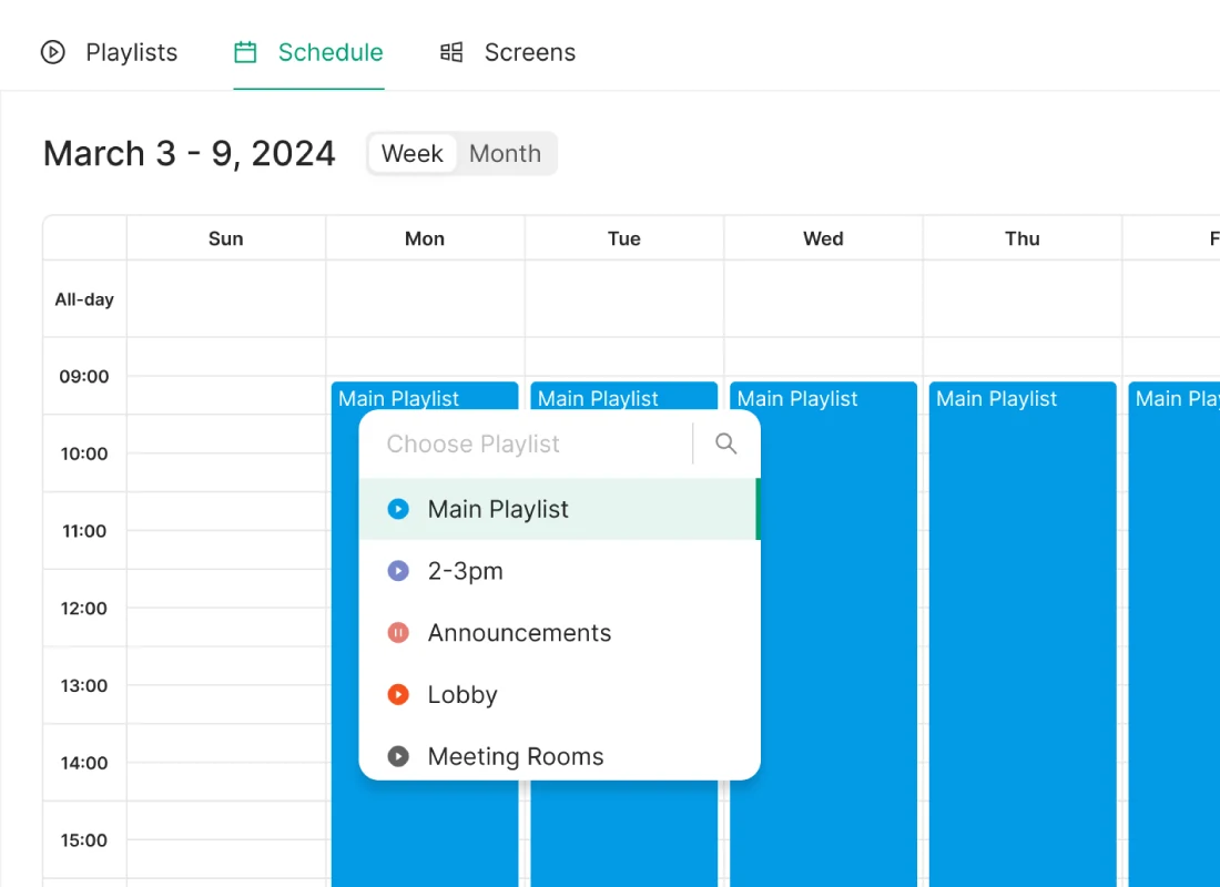 Kitcast schedule view with playlists per day