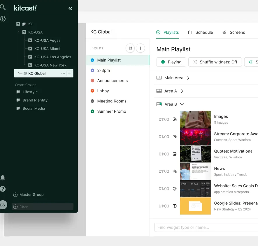 Kitcast dashboard with playlists and screen groups
