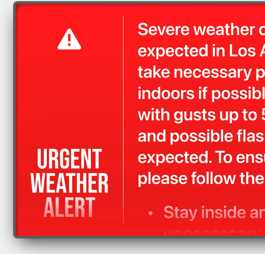 Urgent weather alert shown on a screen