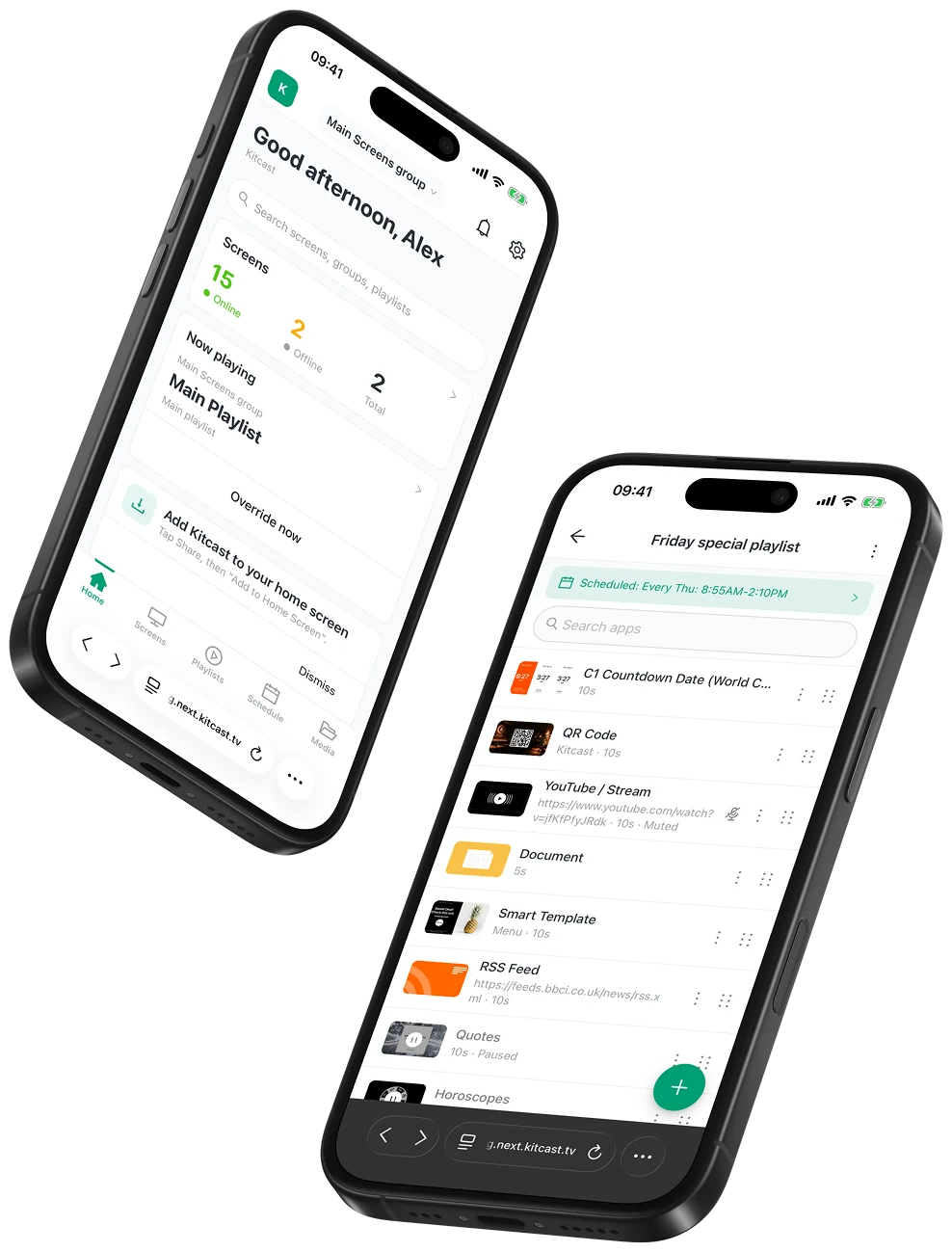 Kitcast digital signage dashboard on iPhone: live screen status on Home and a playlist editor, open in the mobile browser