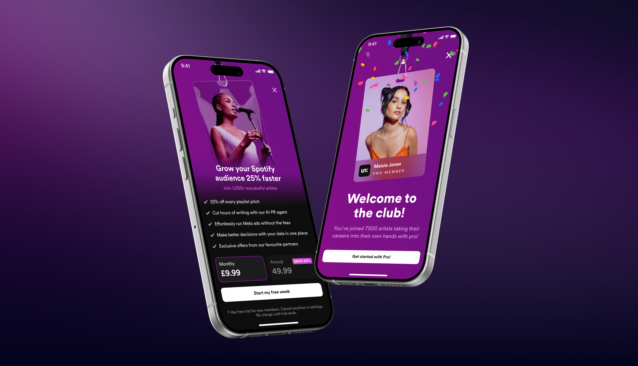 Four phone screens displaying in order: a paywall, part of a checkout process for credit bundles, a success screen for membership sign up and a transaction history screen