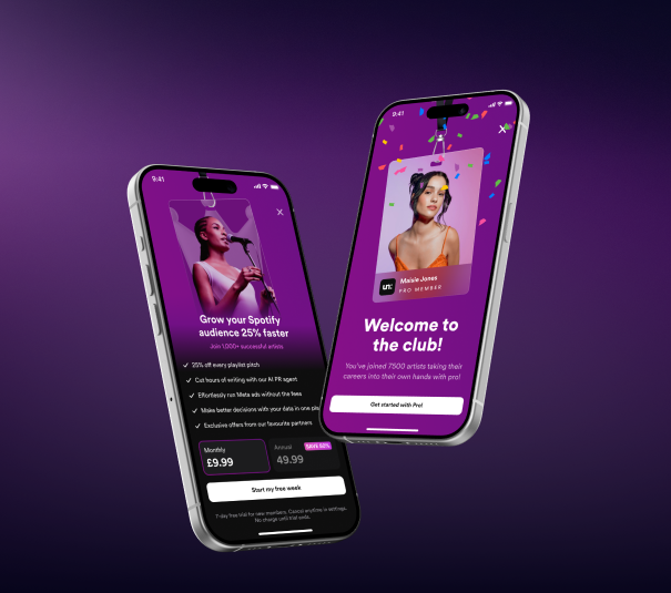 Four phone screens displaying in order: a paywall, part of a checkout process for credit bundles, a success screen for membership sign up and a transaction history screen