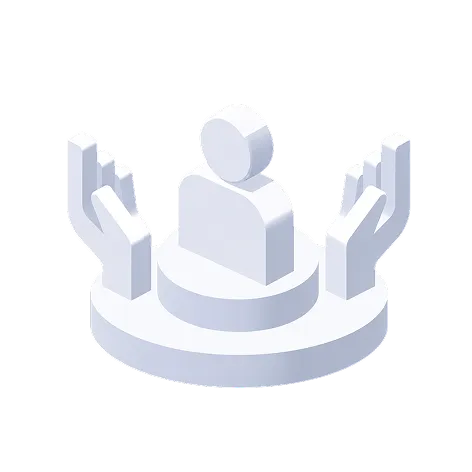 3D icon of a person figure surrounded by two raised hands on a round platform.