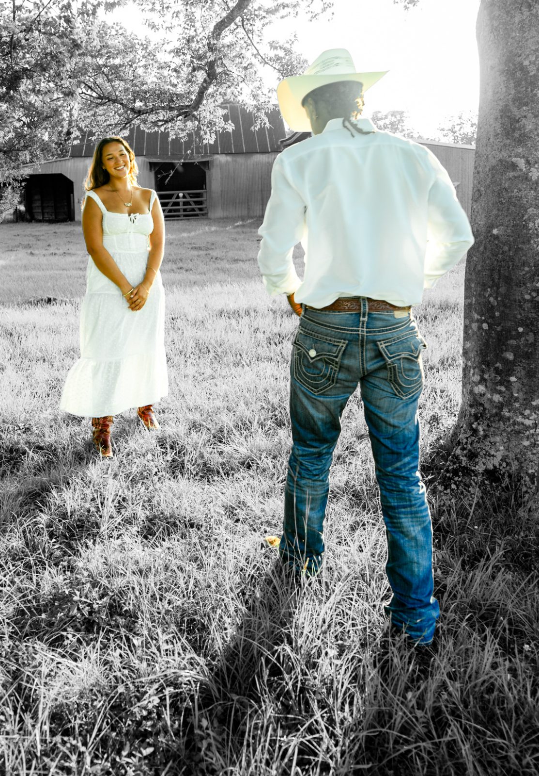 Golden-hour proposal on a Texas ranch