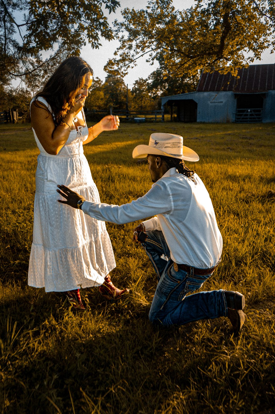 Golden-hour proposal on a Texas ranch