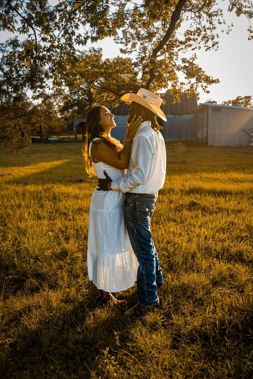Golden-hour proposal on a Texas ranch