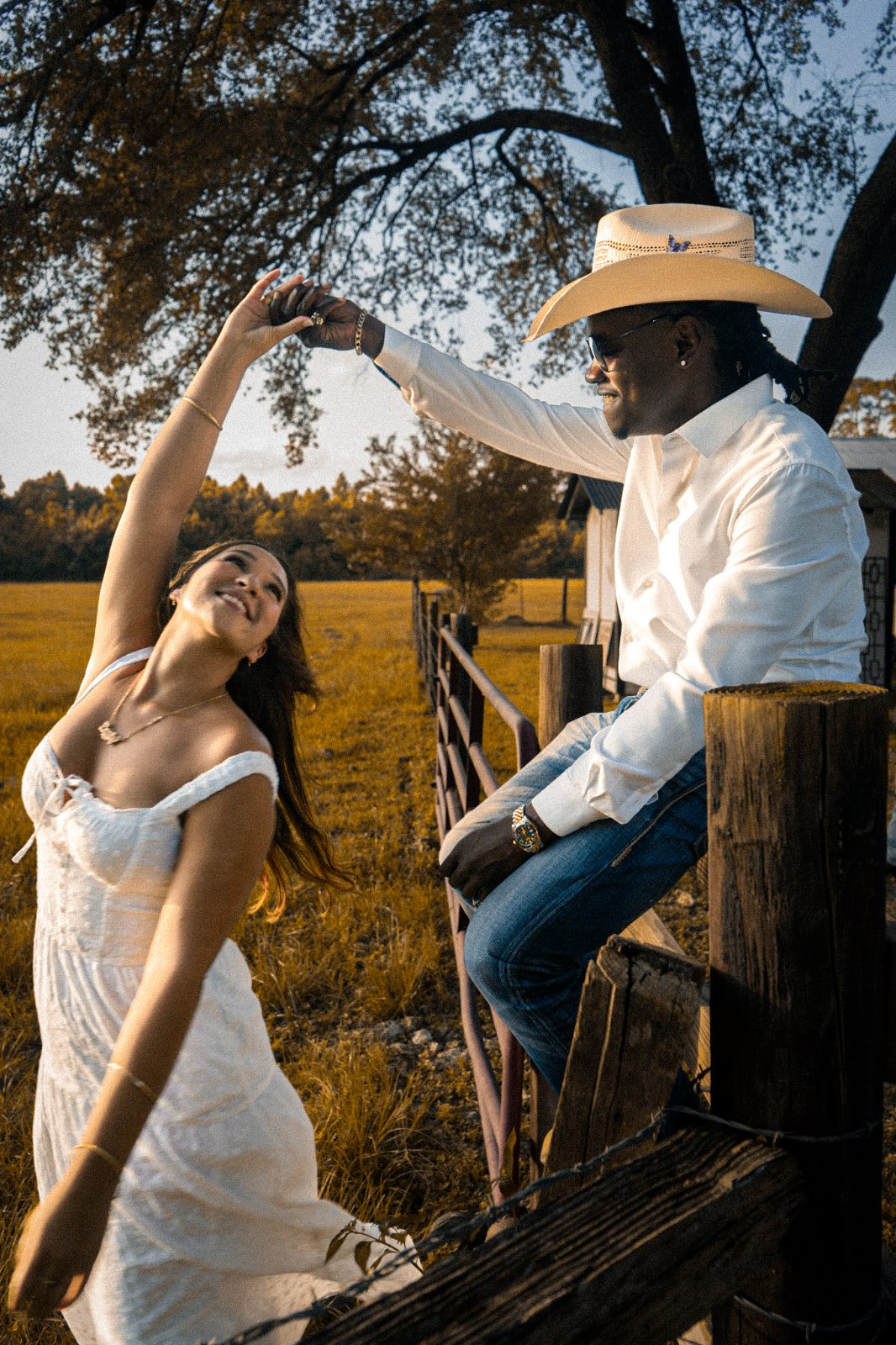 Golden-hour proposal on a Texas ranch