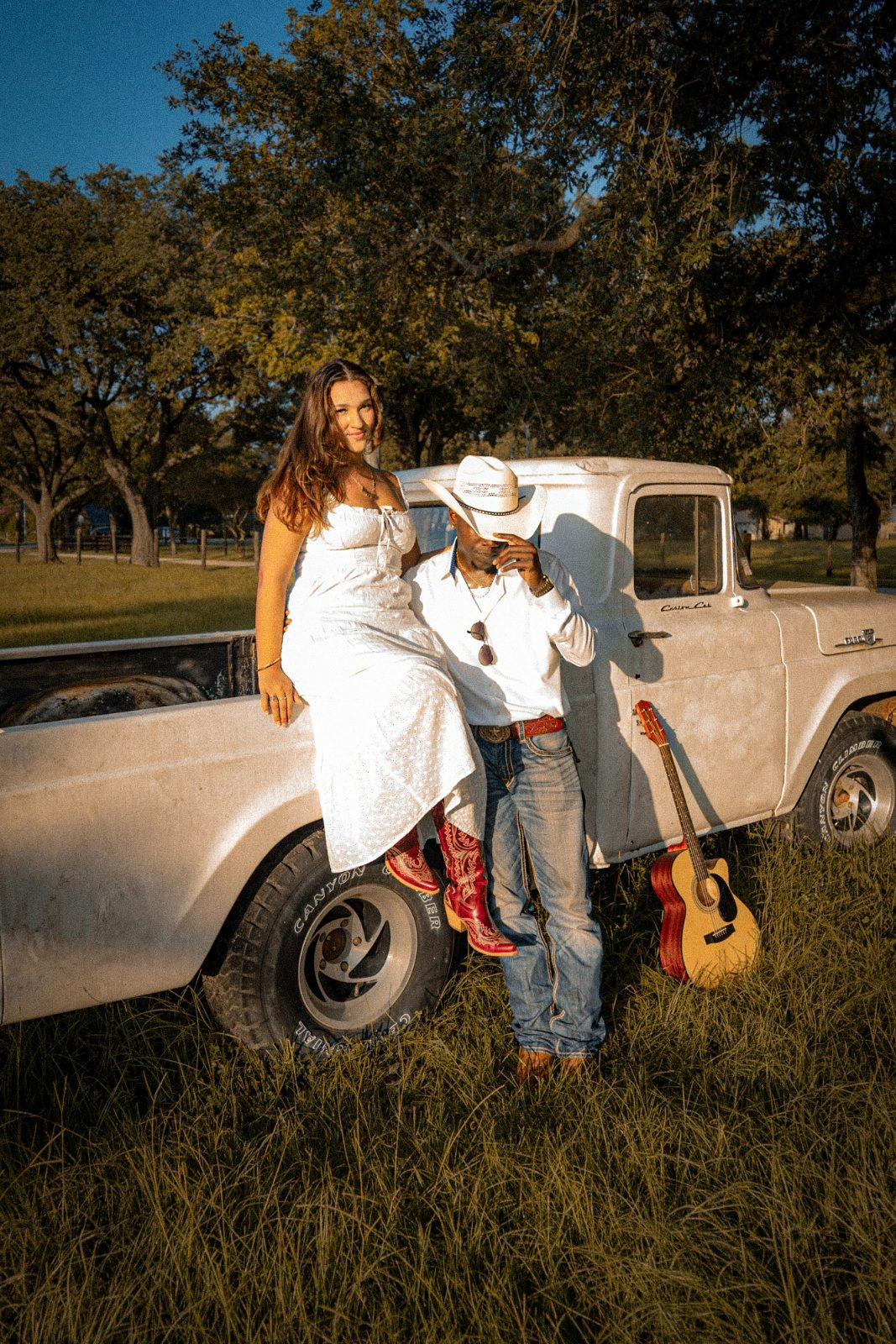 Golden-hour proposal on a Texas ranch