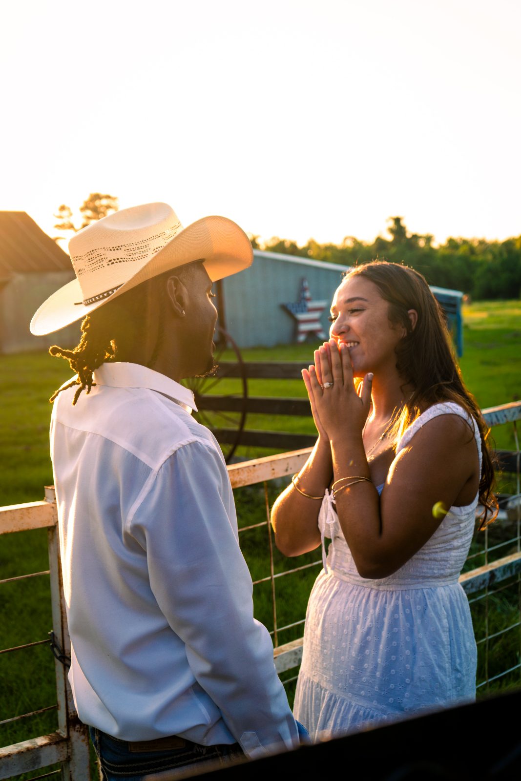 Golden-hour proposal on a Texas ranch