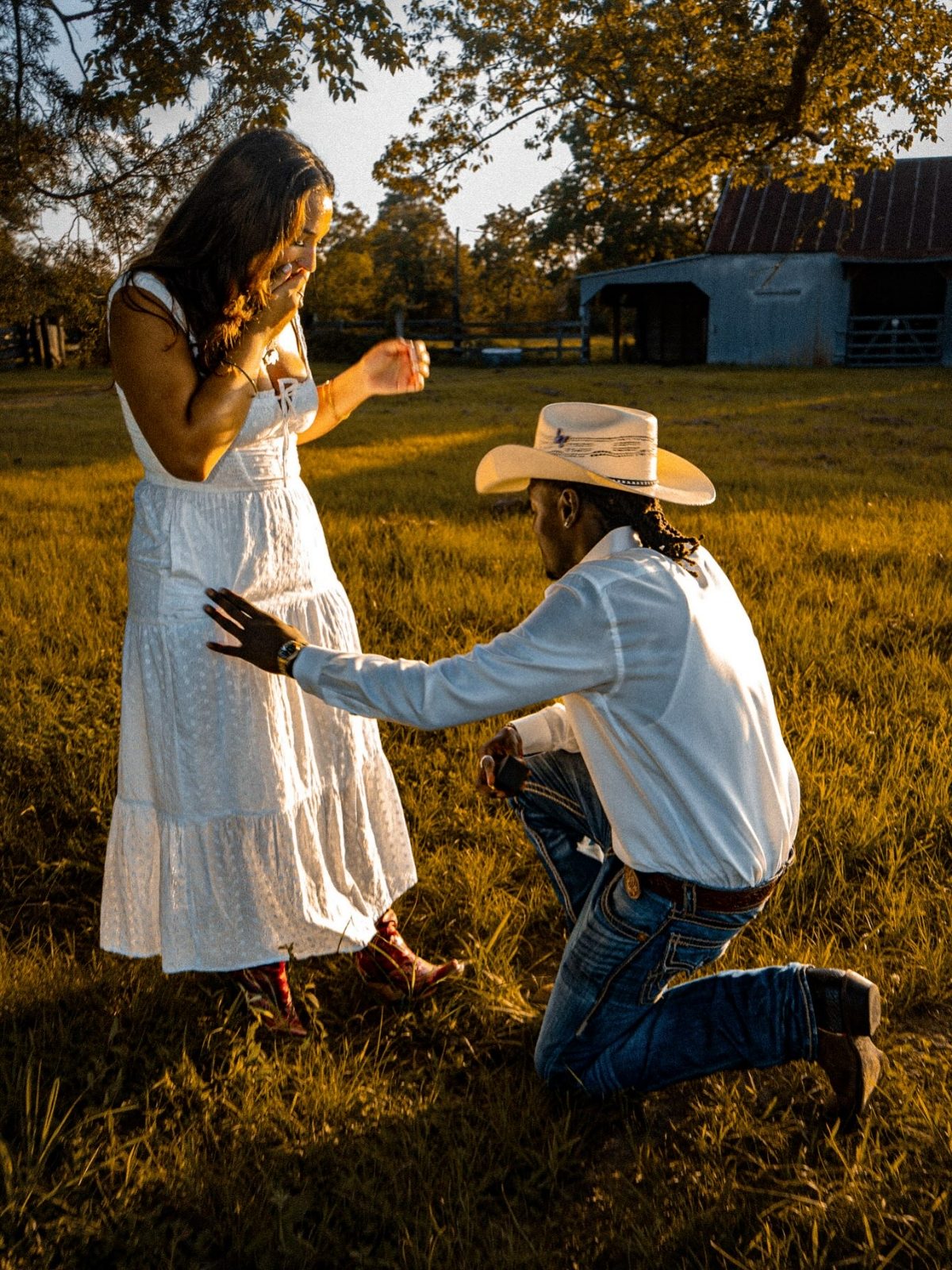 Golden-hour proposal on a Texas ranch