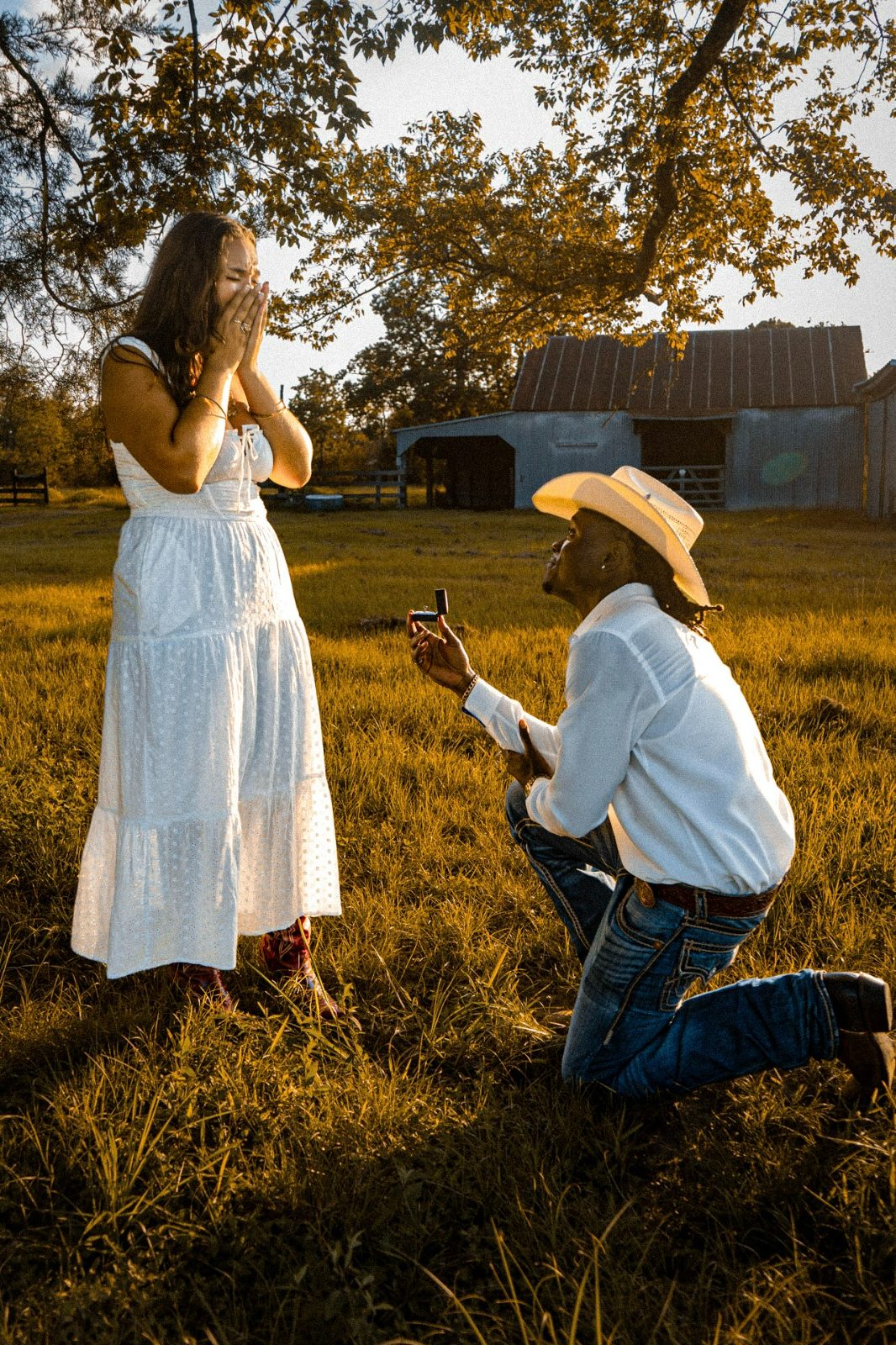Golden-hour proposal on a Texas ranch