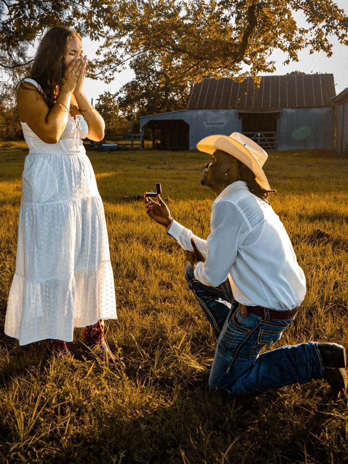 Golden-hour proposal on a Texas ranch