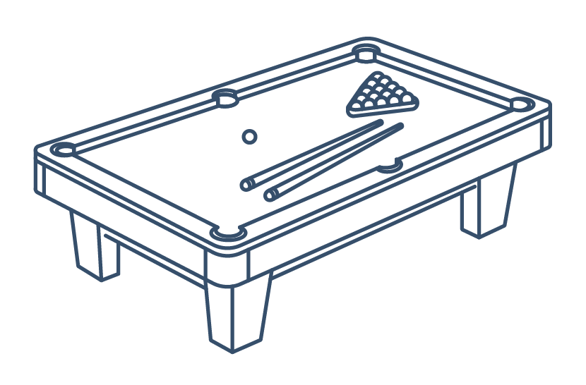 Line drawing of a pool table with balls, two cues, and a triangular ball rack.