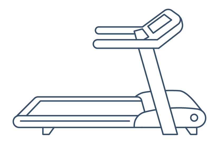 Line drawing of a treadmill with handrails and display panel.