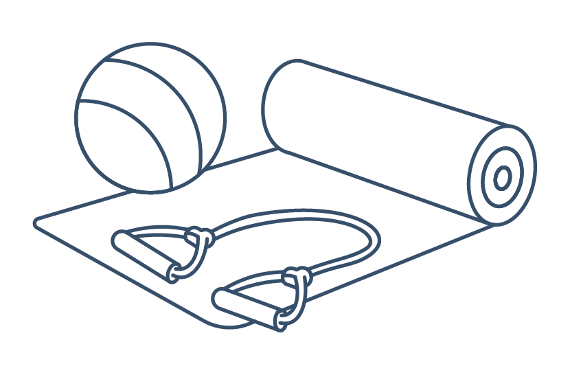 Line drawing of a fitness ball, resistance band, and a rolled yoga mat on a flat surface.