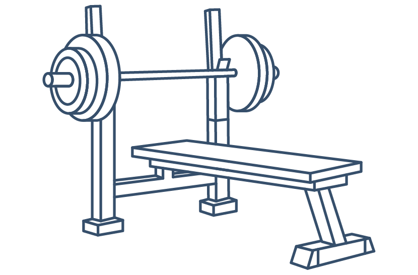 Weight bench with barbell and weights for strength training exercises.