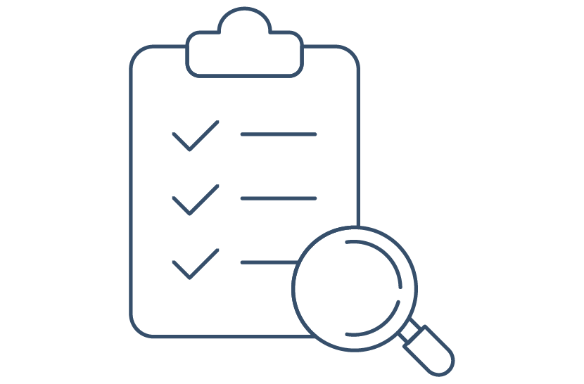 Clipboard with three checkmarks and a magnifying glass indicating an initial assessment or review.