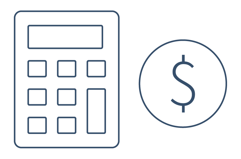 Outline of a calculator next to a circle enclosing a dollar sign, symbolizing budget planning.