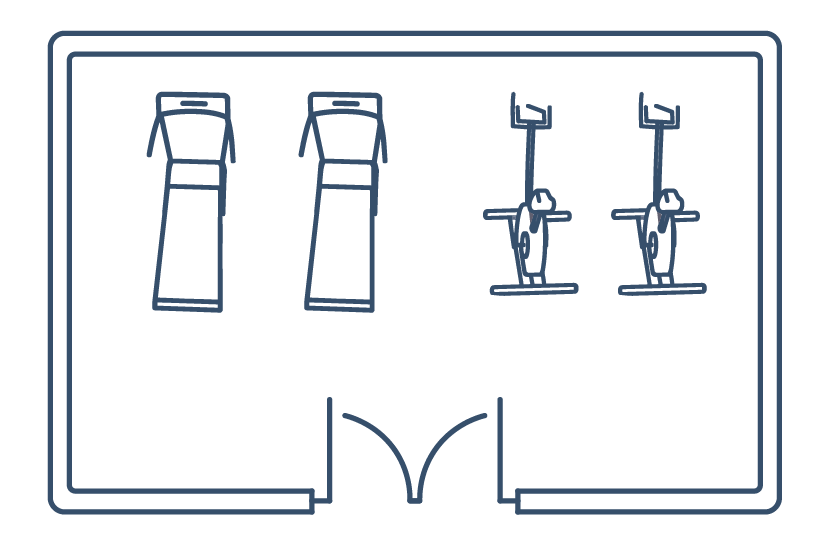 Room floor plan with two treadmills on the left and two stationary bikes on the right.