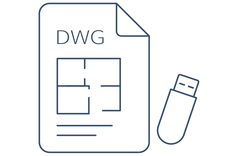 Outline of a DWG file icon with a floor plan and a USB flash drive beside it.