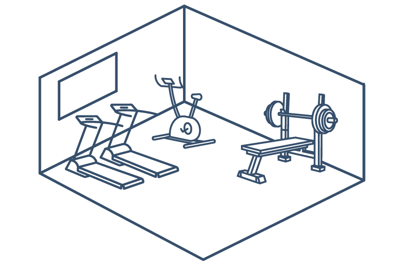 Isometric gym room with two treadmills, an exercise bike, and a weight bench with barbell.