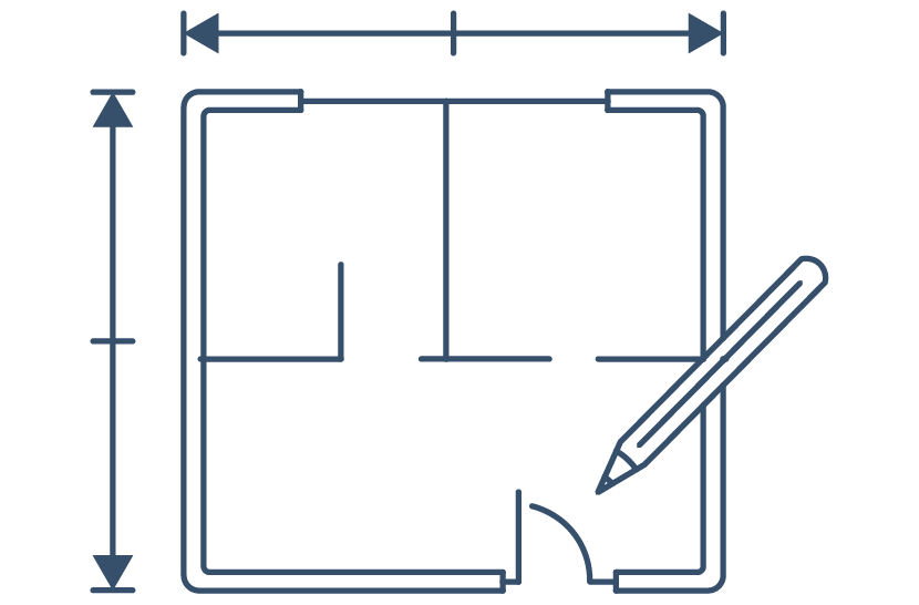 Blueprint floor plan with rooms, showing height and width dimensions, and a pencil drawing on it.