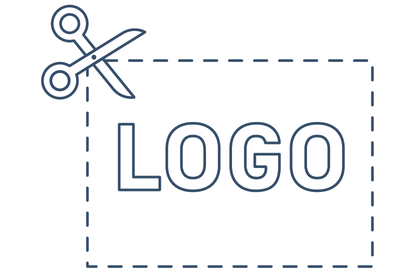 Outline of scissors cutting a dashed rectangle with the word LOGO inside.