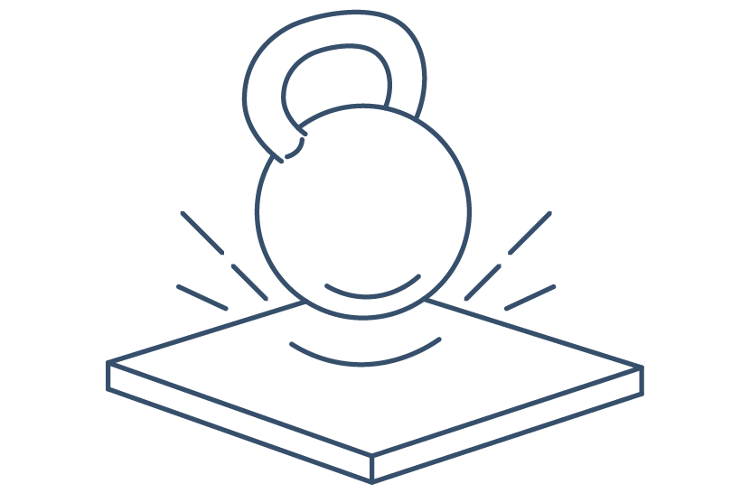 Line drawing of a kettlebell hitting a floor panel with impact lines around it.