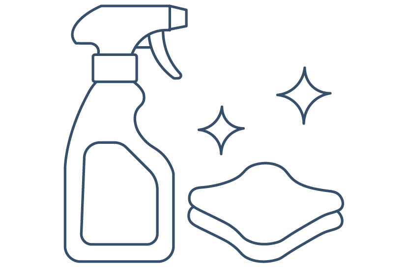 Spray bottle and cloth with sparkle icons indicating easy cleaning.