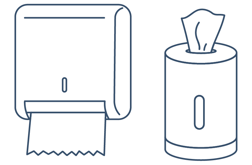 Line drawings of a paper towel dispenser and a cylindrical tissue dispenser with a single tissue.