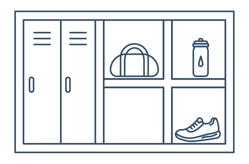 Storage unit with gym lockers, a duffel bag, water bottle, and a sneaker in separate compartments.