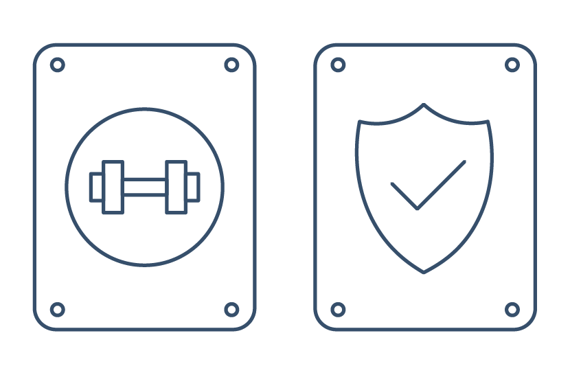 Two signs: one with a dumbbell symbol and one with a shield and checkmark symbol.