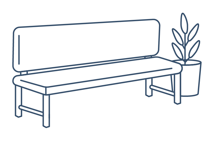 Simple line drawing of a bench with a potted plant beside it.