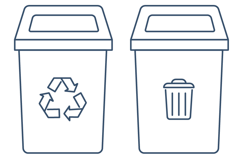 Two waste bins: left with a recycling symbol, right with a trash can icon.