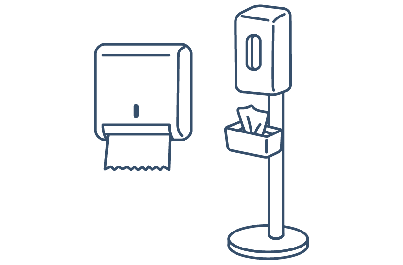 Line icons of a wall-mounted paper towel dispenser and a freestanding hand sanitizer stand with tissues.