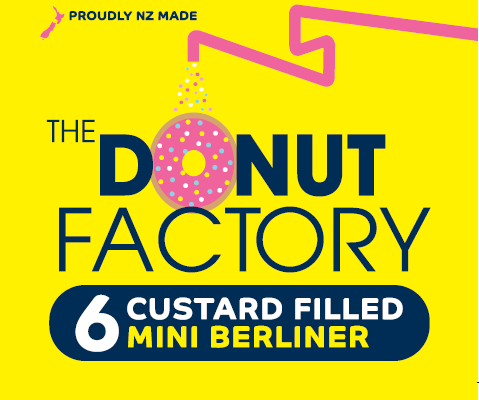 A crop of The Donut Factory label for their Custard filled Mini Berliner donuts. A yellow background, with the logo featuring in the middle