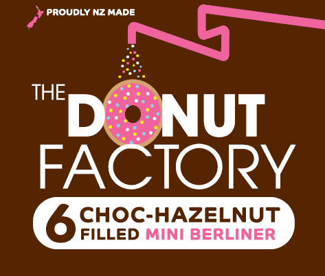 A crop of The Donut Factory label for their Choc Hazelnut filled Mini Berlinerdonuts. A brown background, with the logo featuring in the middle