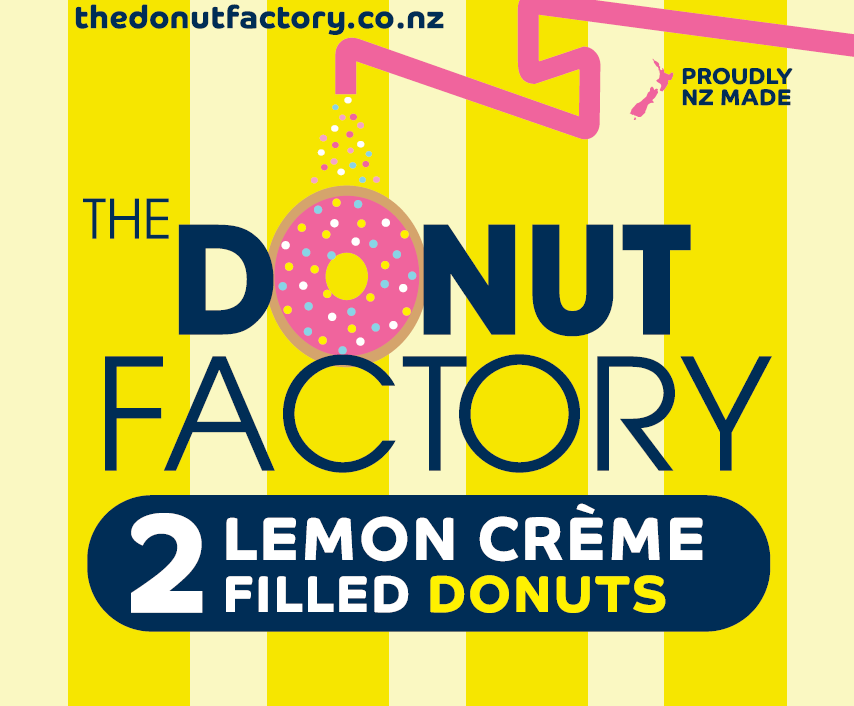 A crop of The Donut Factory label for their 2 Pack Lemon Creme donuts. A yellow and white striped background, with the logo featuring in the middle