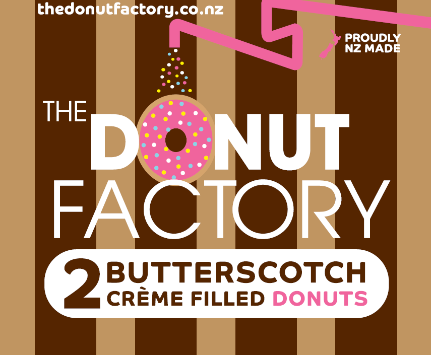 A crop of The Donut Factory label for their 2 Pack Butterscotch donuts. A brown and lite brown background, with the logo featuring in the middle