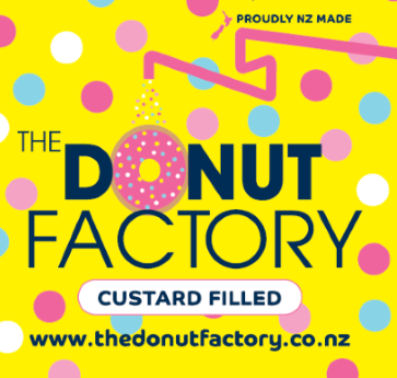 A crop of The Donut Factory label for their custard filled donuts. A bright yellow background, with coloured dots with the logo featuring in the middle