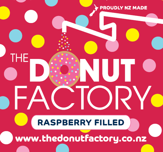 A crop of The Donut Factory label for their raspberry filled donuts. A bright red background, with coloured dots with the logo featuring in the middle