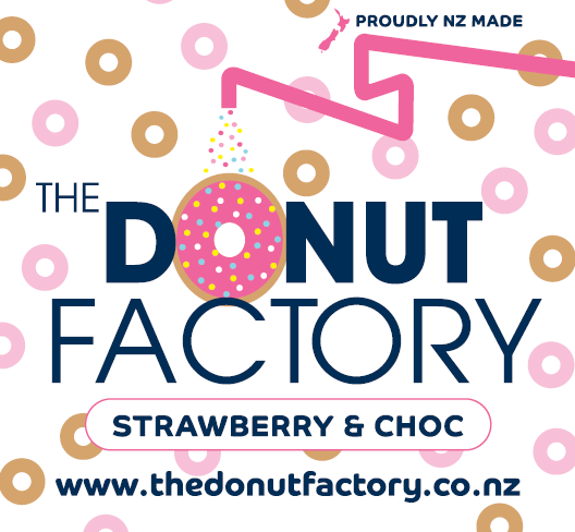 A crop of The Donut Factory label for their strawberry and choc ring donuts. A white background, with coloured dots with the logo featuring in the middle