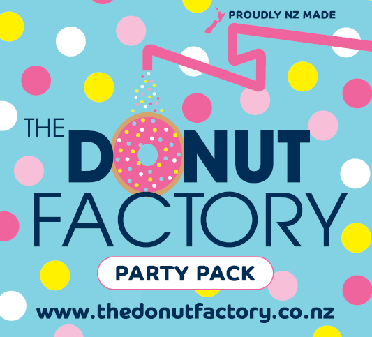 A crop of The Donut Factory label for their party pack of donuts. A light background, with coloured dots with the logo featuring in the middle