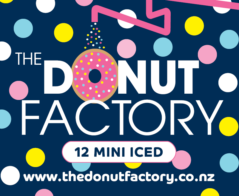 Acrop of The Donut Factory label for their 12 mini iced donuts. A dark blue background, with coloured dots with the logo featuring in the middle